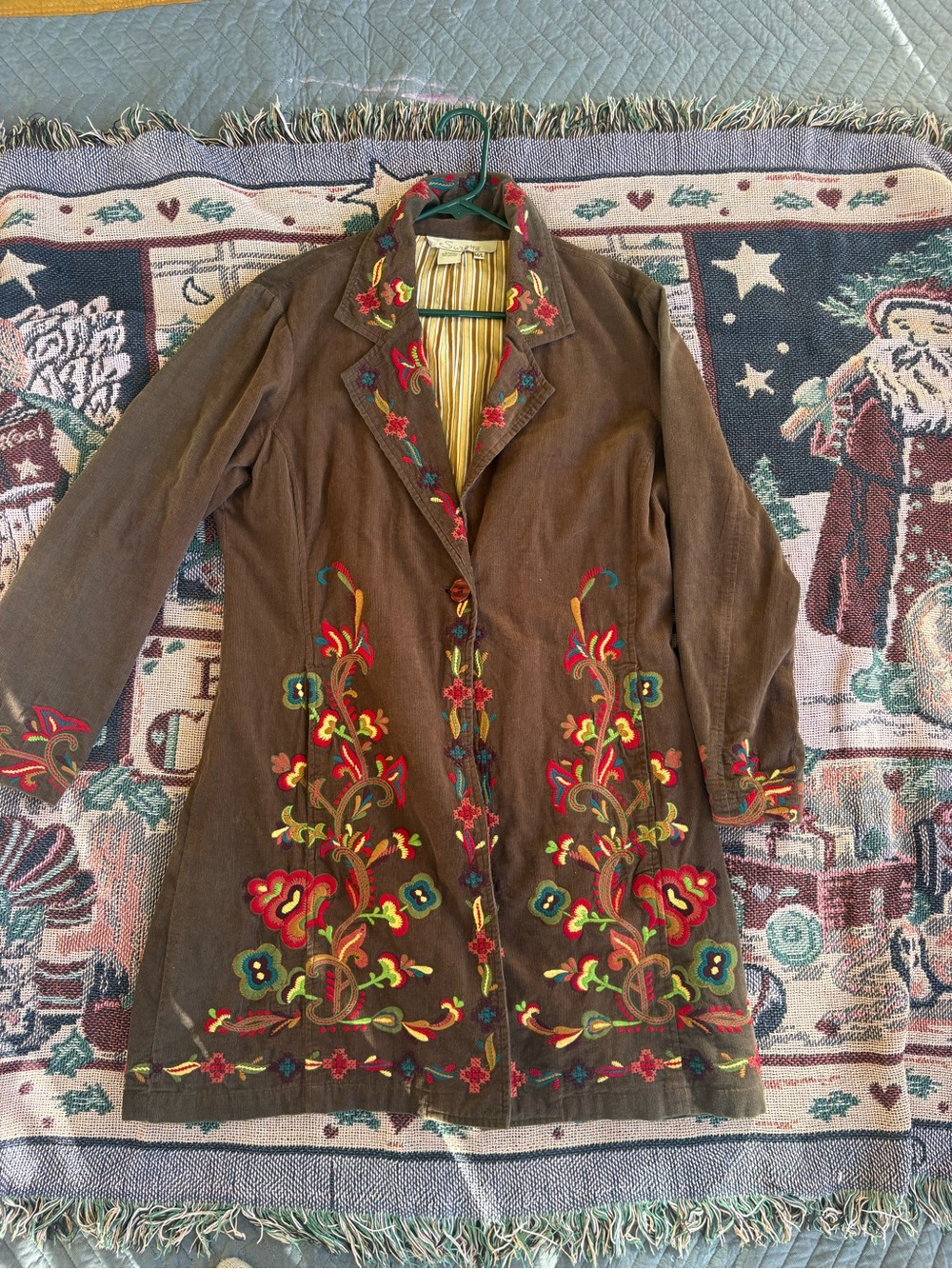 Brown Corduroy Embroidered Trench Coat with Floral Accents